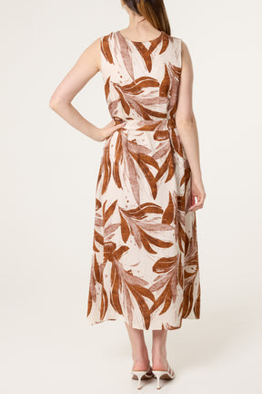Abstract Leaf Tie Front Midi Dress