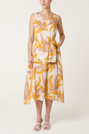 Abstract Leaf Tie Front Midi Dress