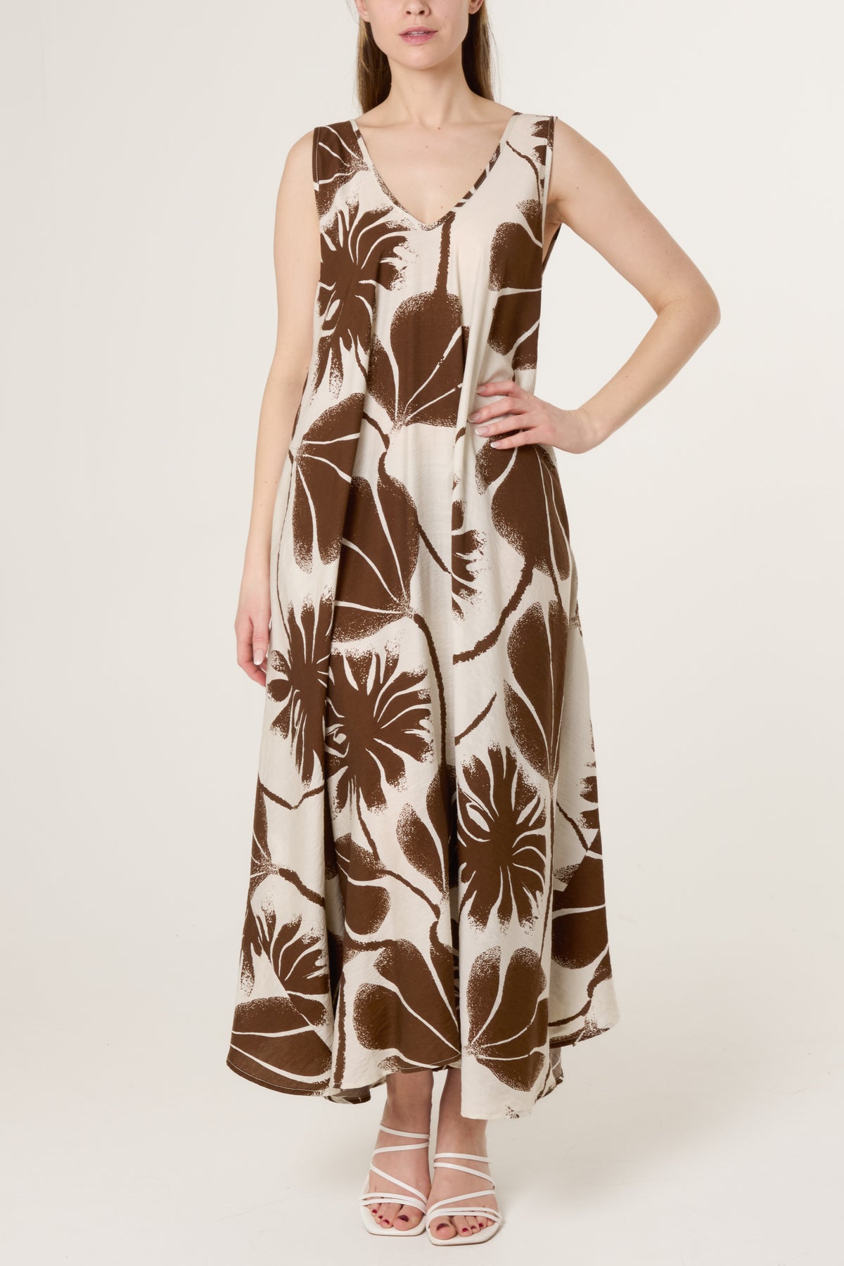 Flower & Leaf Print V-Neck Dress