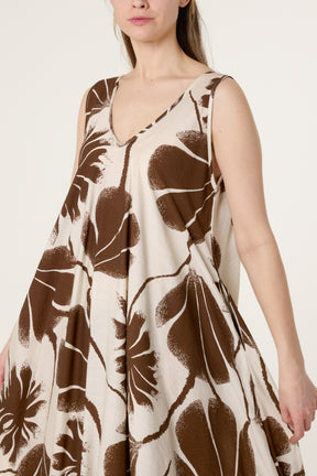 Flower & Leaf Print V-Neck Dress