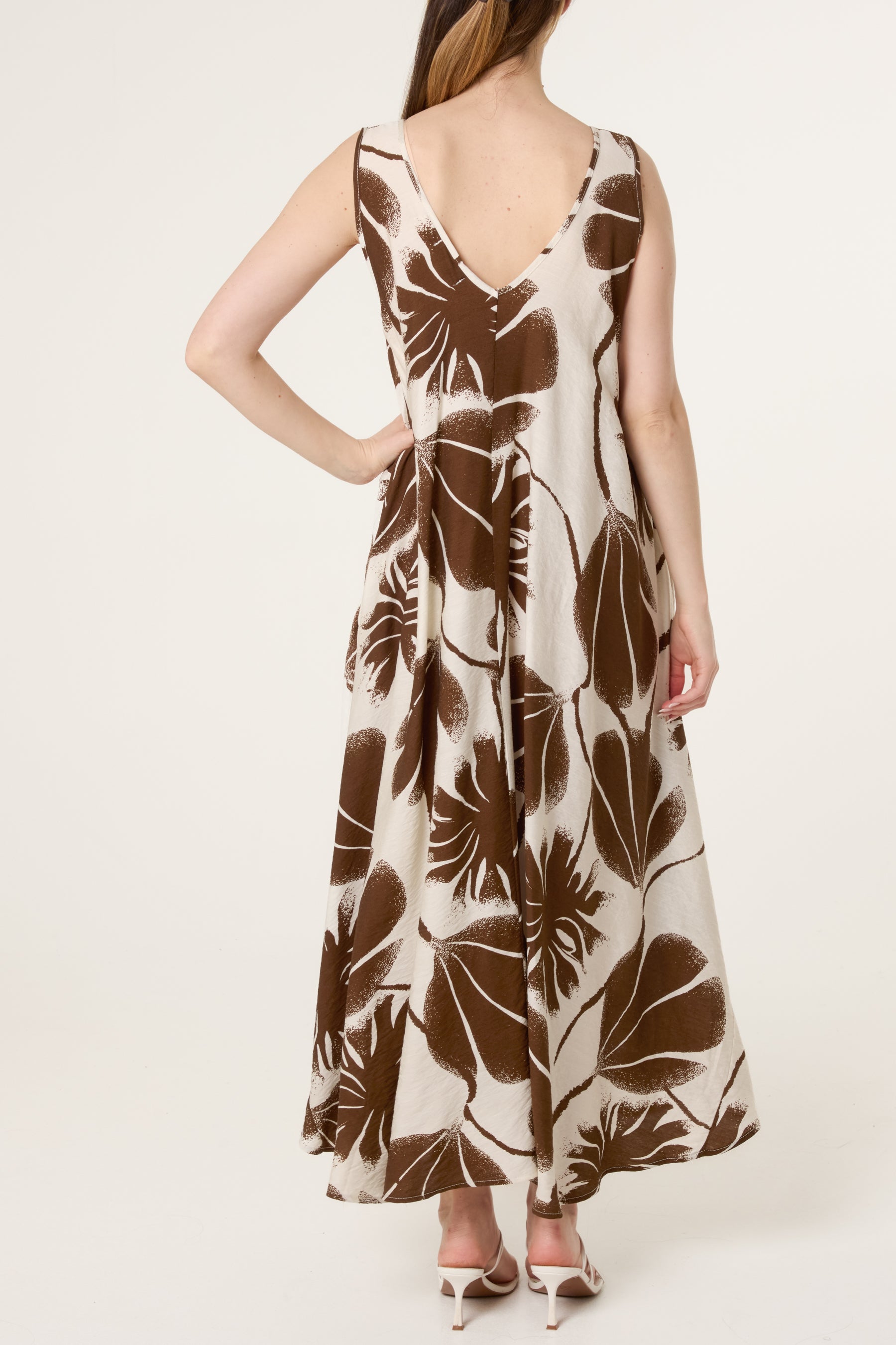 Flower & Leaf Print V-Neck Dress