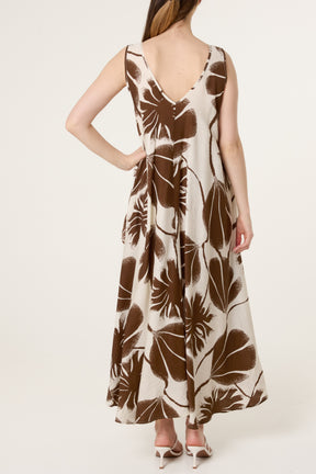 Flower & Leaf Print V-Neck Dress