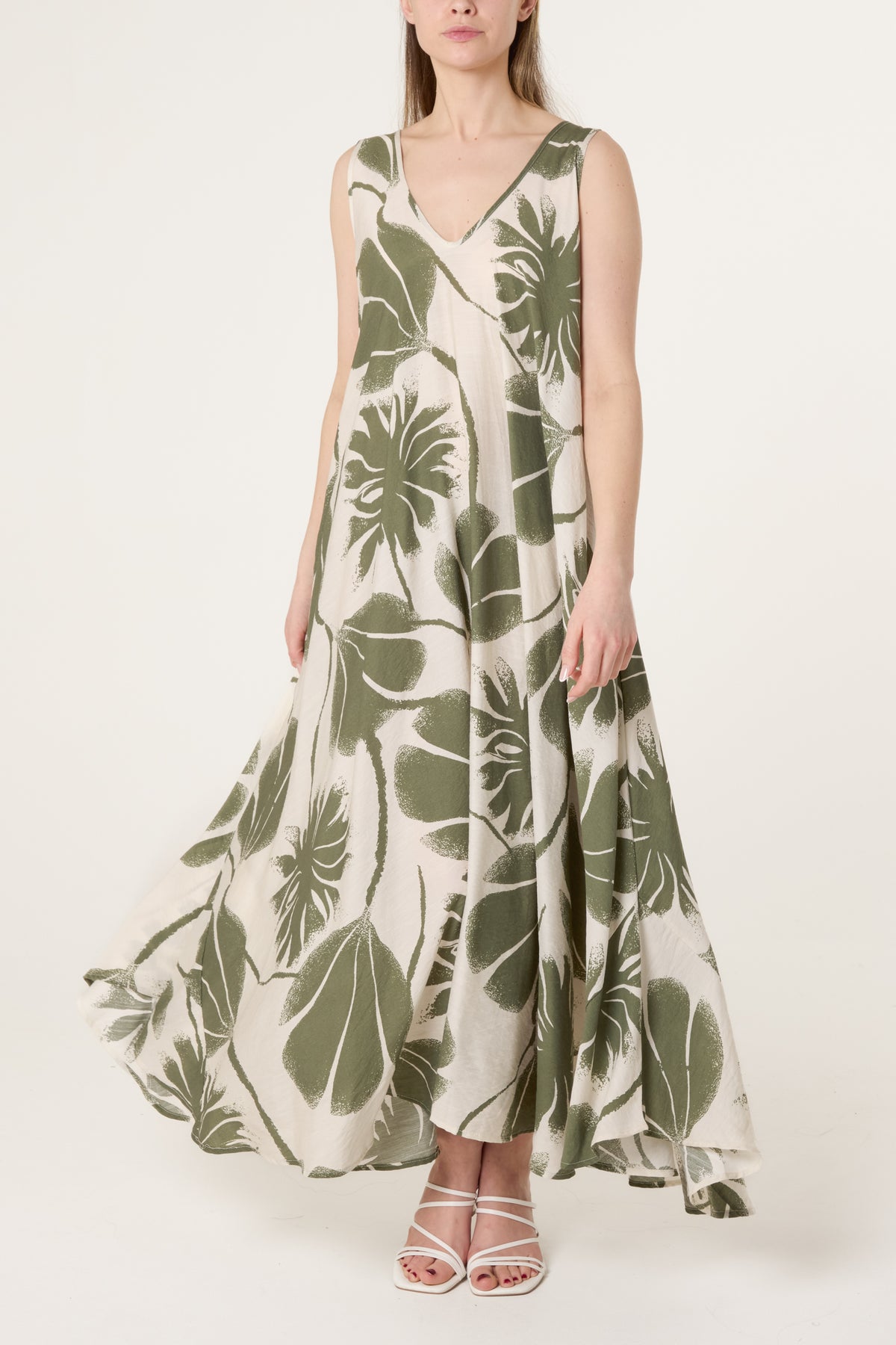 Flower & Leaf Print V-Neck Dress