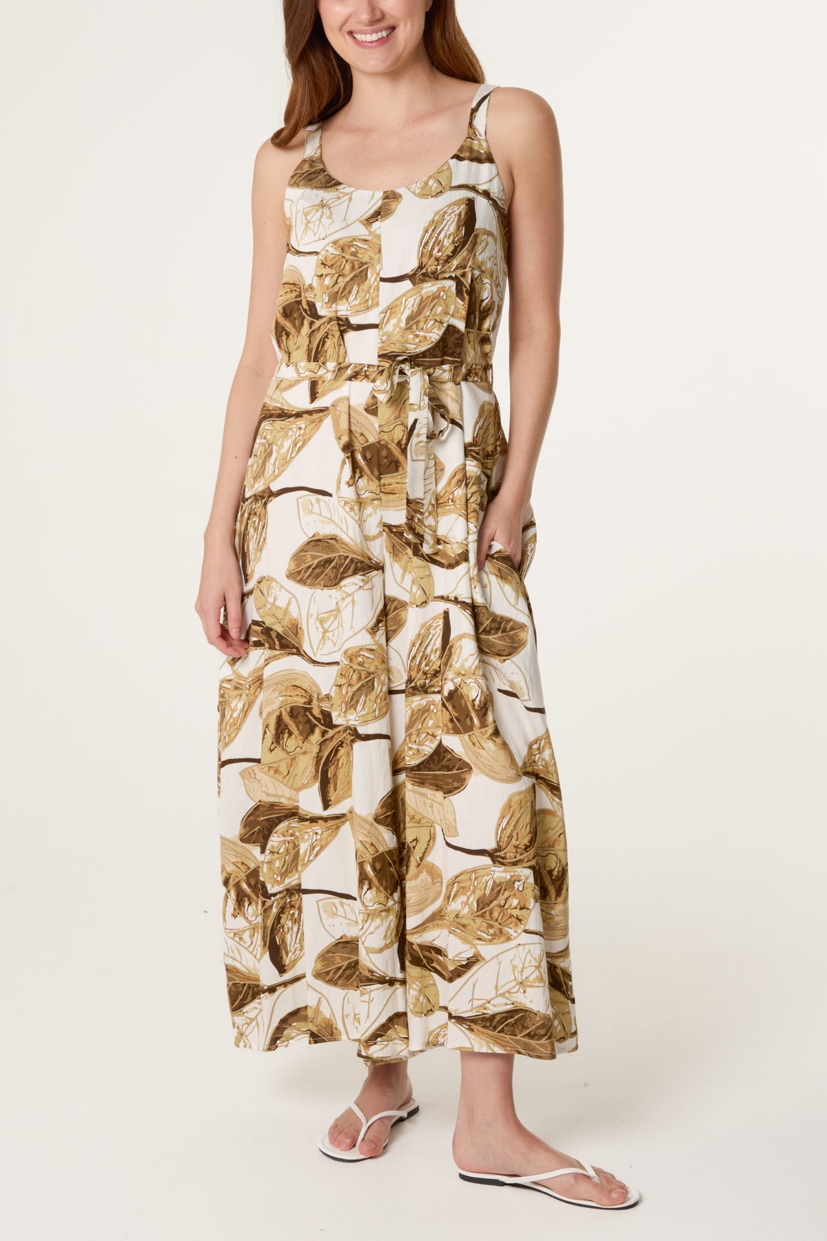 Illustrated Leaves Wide-Leg Belted Jumpsuit