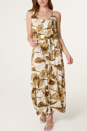 Illustrated Leaves Wide-Leg Belted Jumpsuit