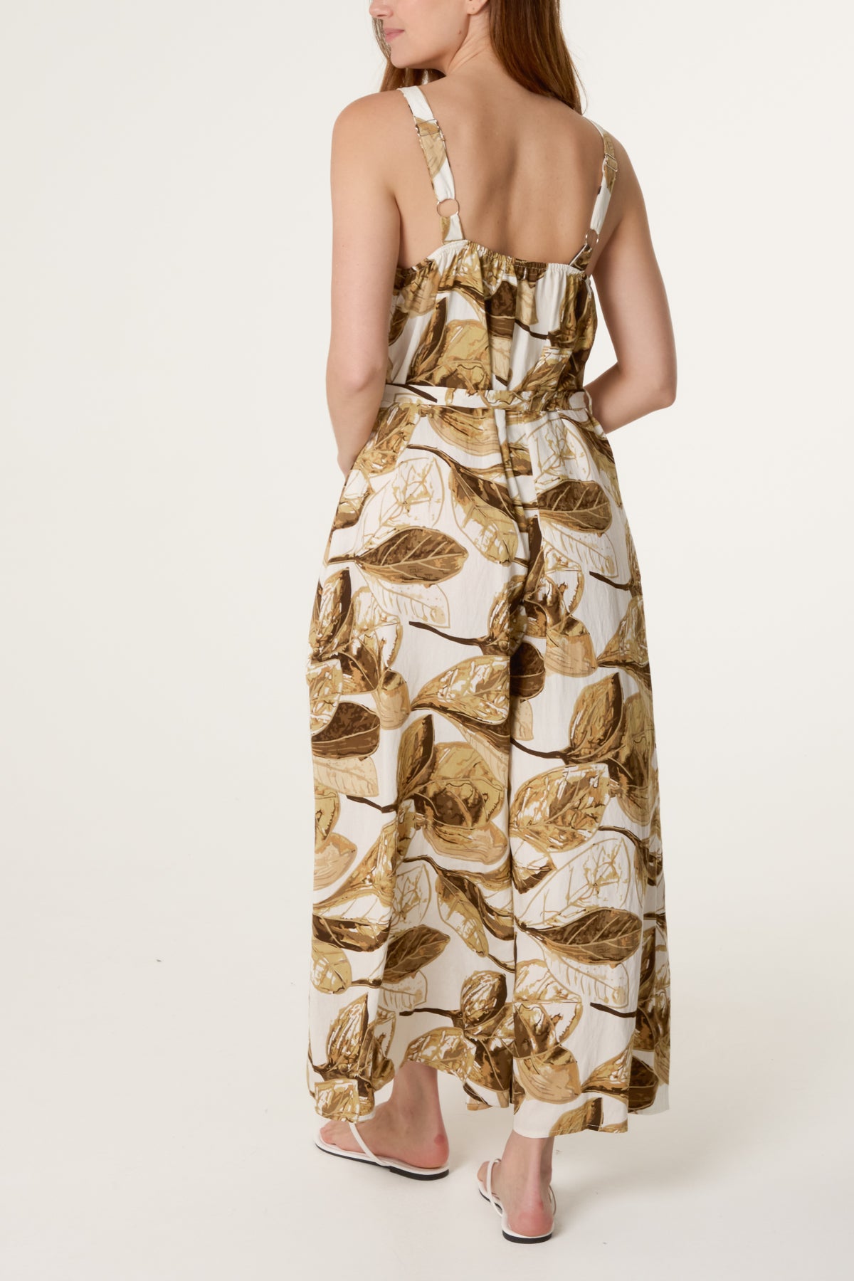 Illustrated Leaves Wide-Leg Belted Jumpsuit