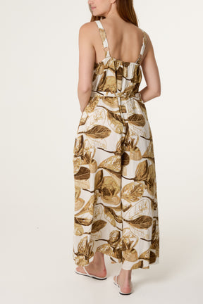 Illustrated Leaves Wide-Leg Belted Jumpsuit