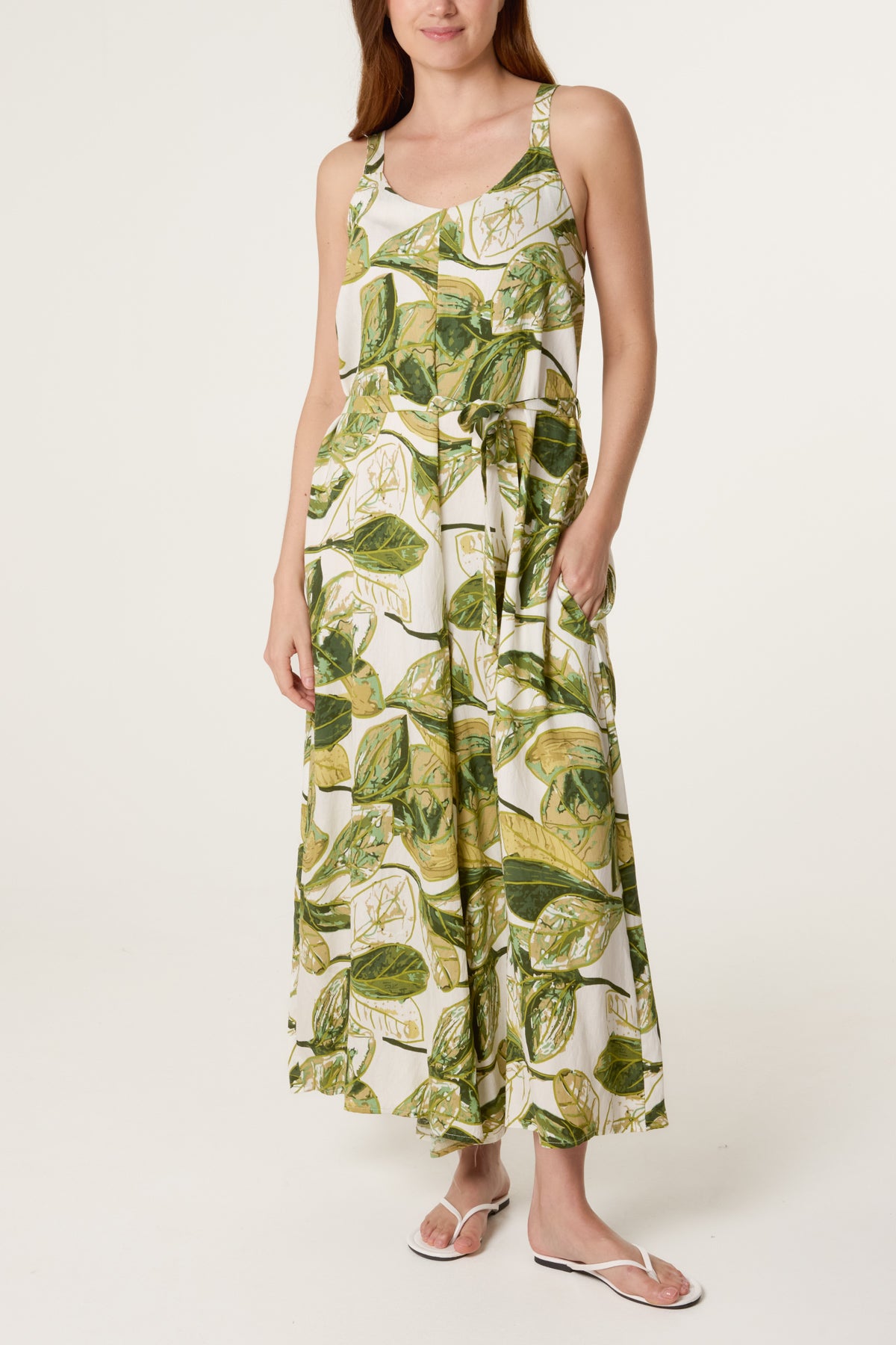 Illustrated Leaves Wide-Leg Belted Jumpsuit