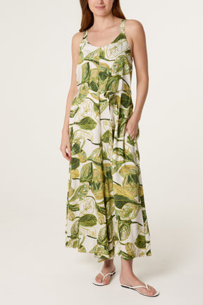 Illustrated Leaves Wide-Leg Belted Jumpsuit