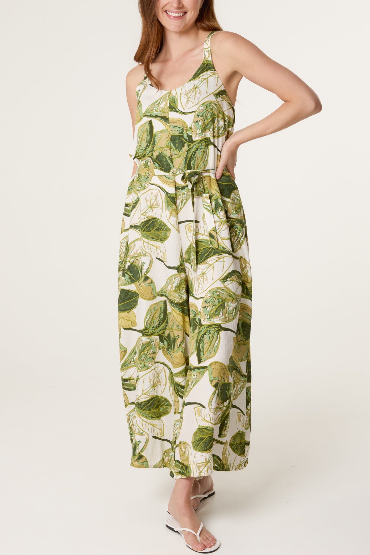 Illustrated Leaves Wide-Leg Belted Jumpsuit