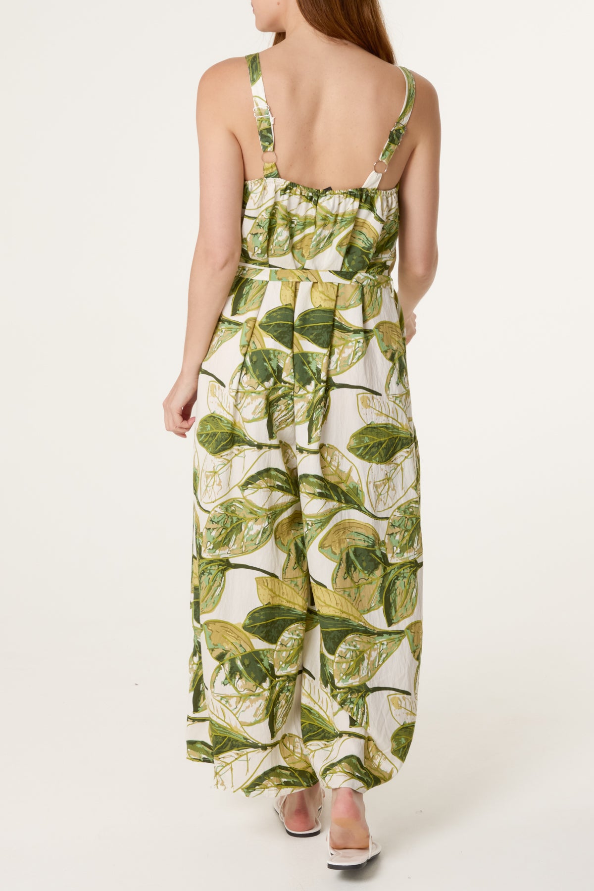 Illustrated Leaves Wide-Leg Belted Jumpsuit