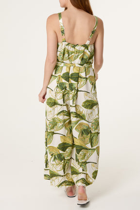 Illustrated Leaves Wide-Leg Belted Jumpsuit