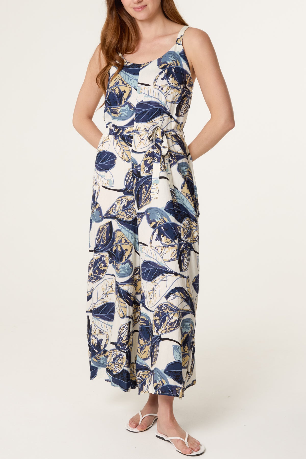 Illustrated Leaves Wide-Leg Belted Jumpsuit