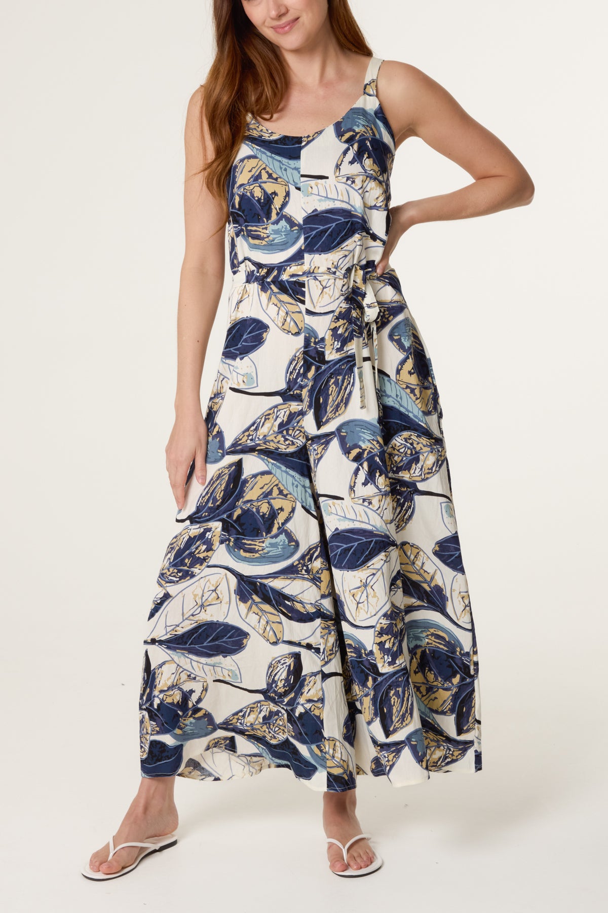 Illustrated Leaves Wide-Leg Belted Jumpsuit