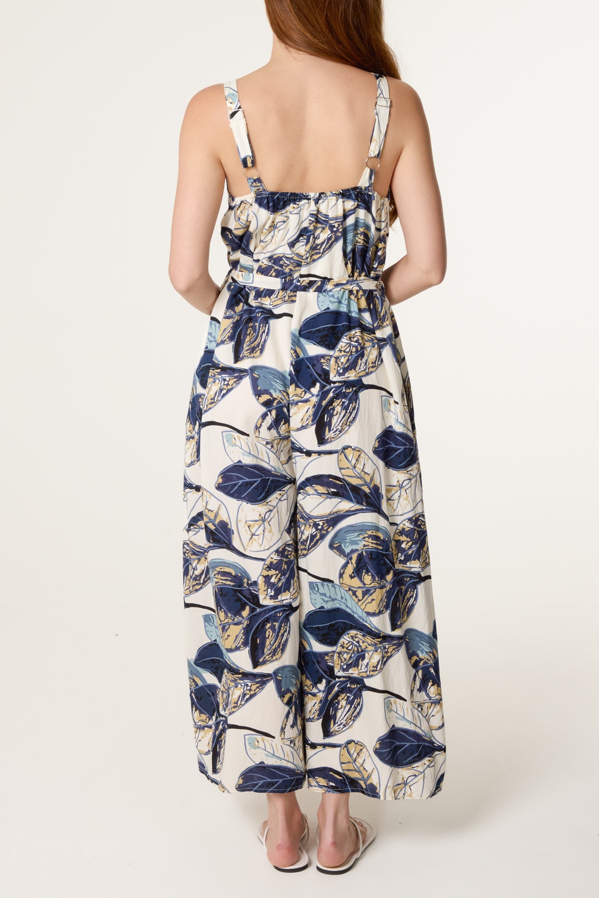 Illustrated Leaves Wide-Leg Belted Jumpsuit