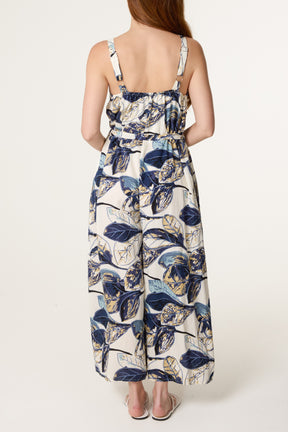 Illustrated Leaves Wide-Leg Belted Jumpsuit