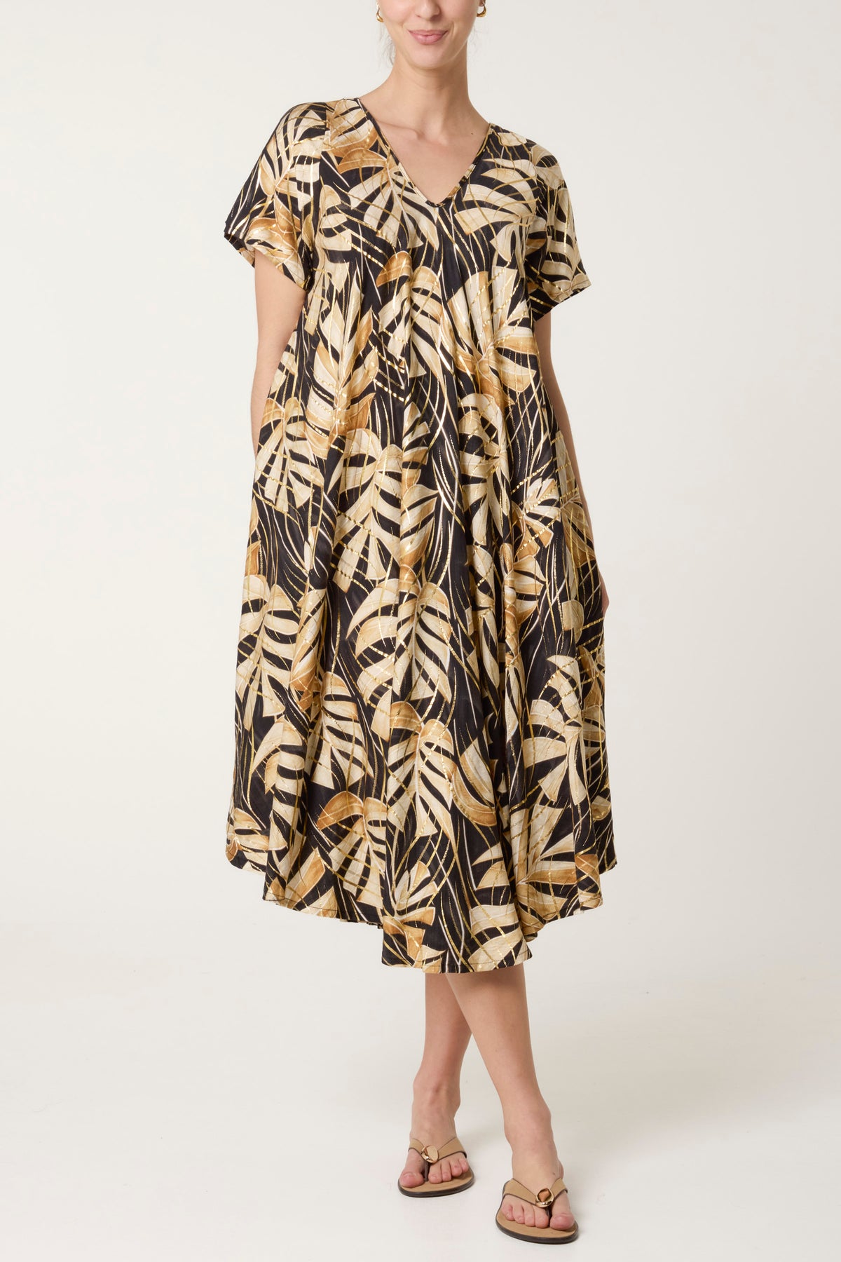 Tropical Leaf Print Smock Dress
