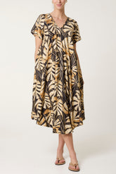 Tropical Leaf Print Smock Dress