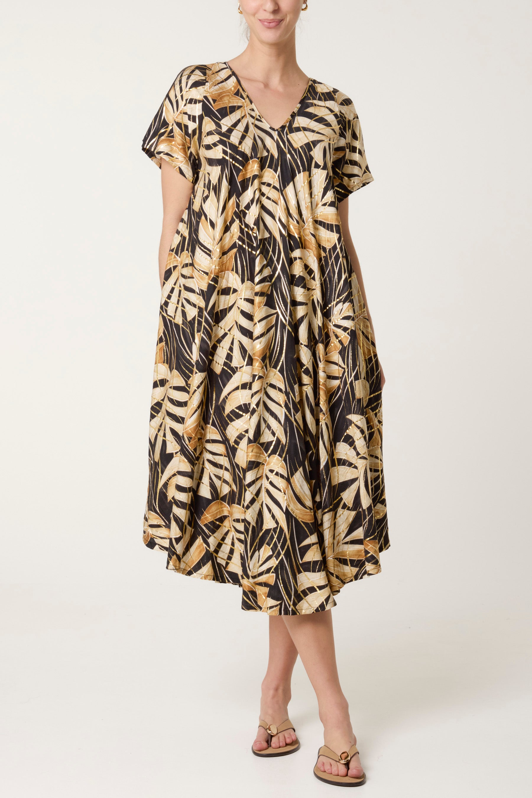 Tropical Leaf Print Smock Dress
