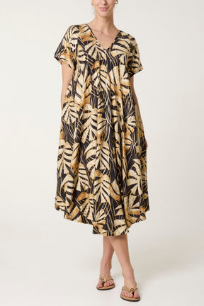 Tropical Leaf Print Smock Dress