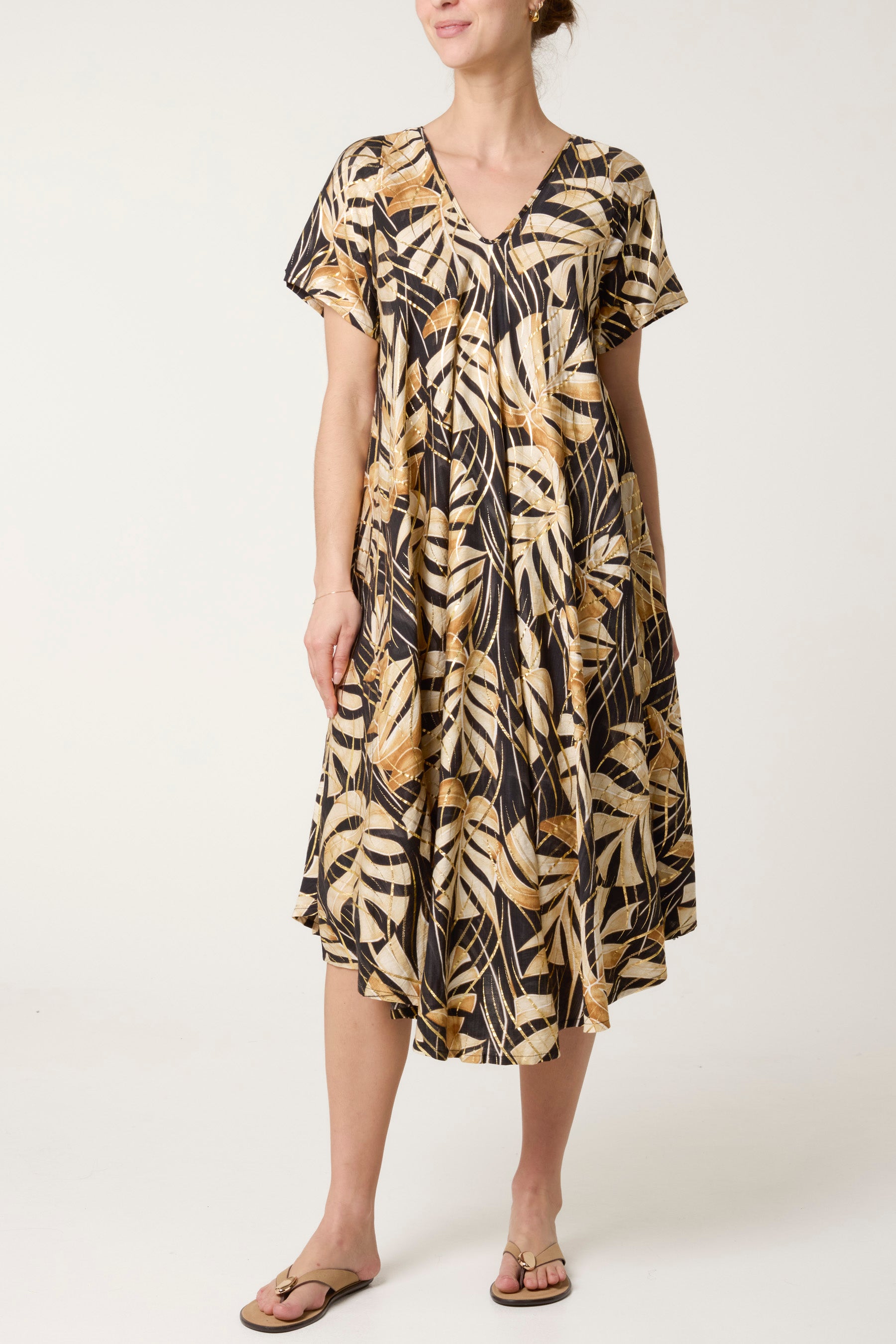 Tropical Leaf Print Smock Dress