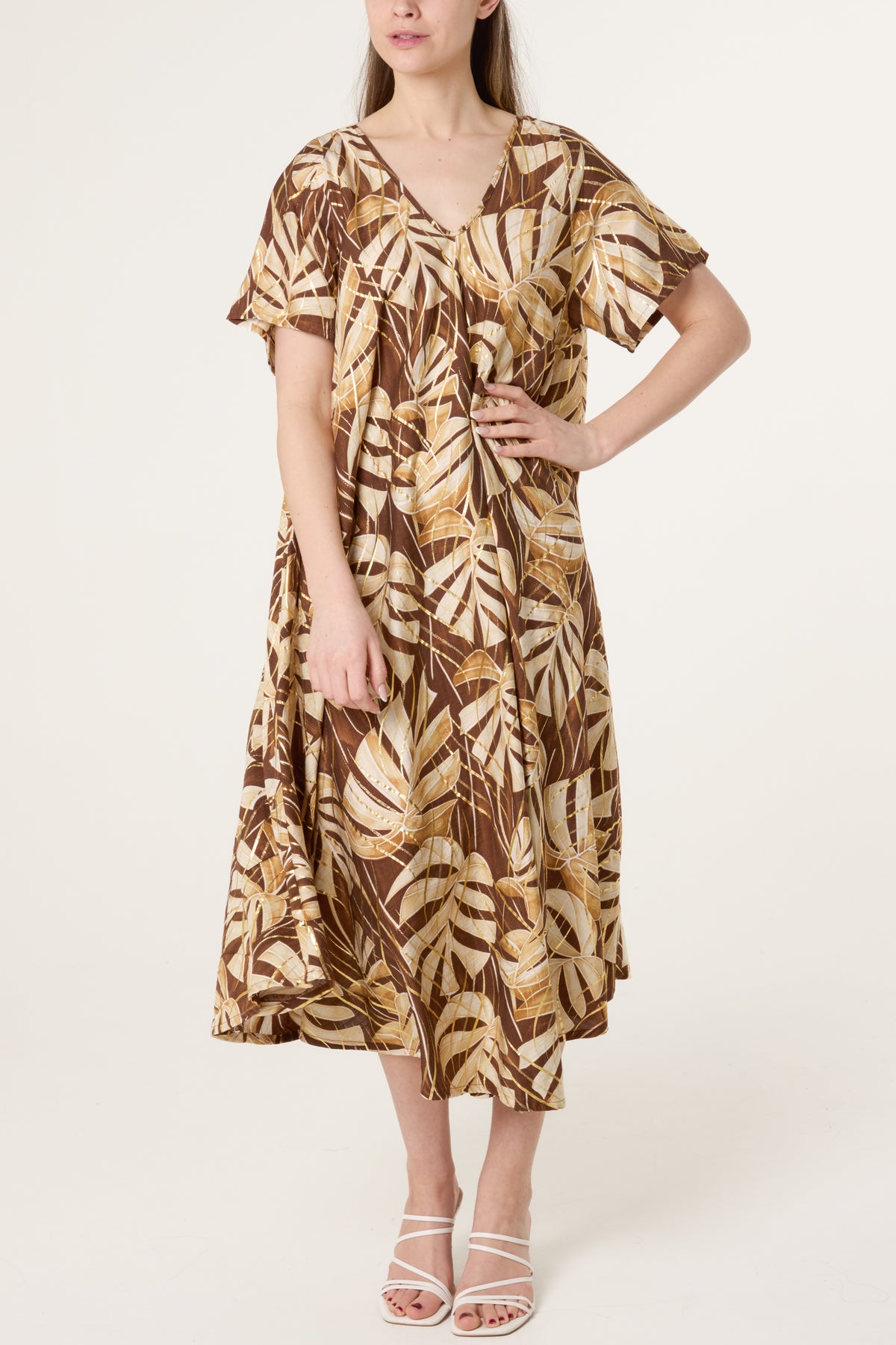 Tropical Leaf Print Smock Dress