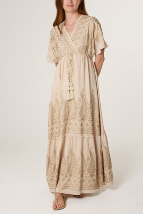 Leaf Embroidery Tassel Maxi Dress