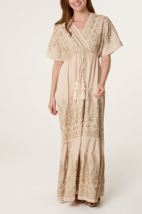Leaf Embroidery Tassel Maxi Dress