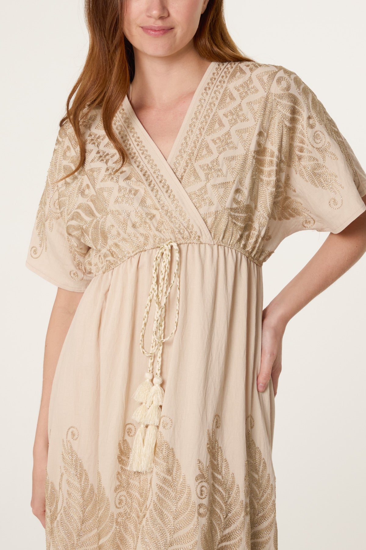 Leaf Embroidery Tassel Maxi Dress