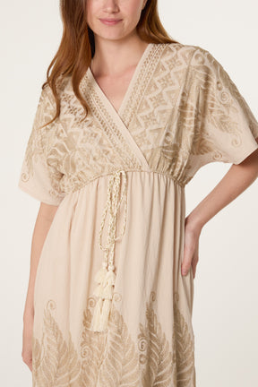 Leaf Embroidery Tassel Maxi Dress