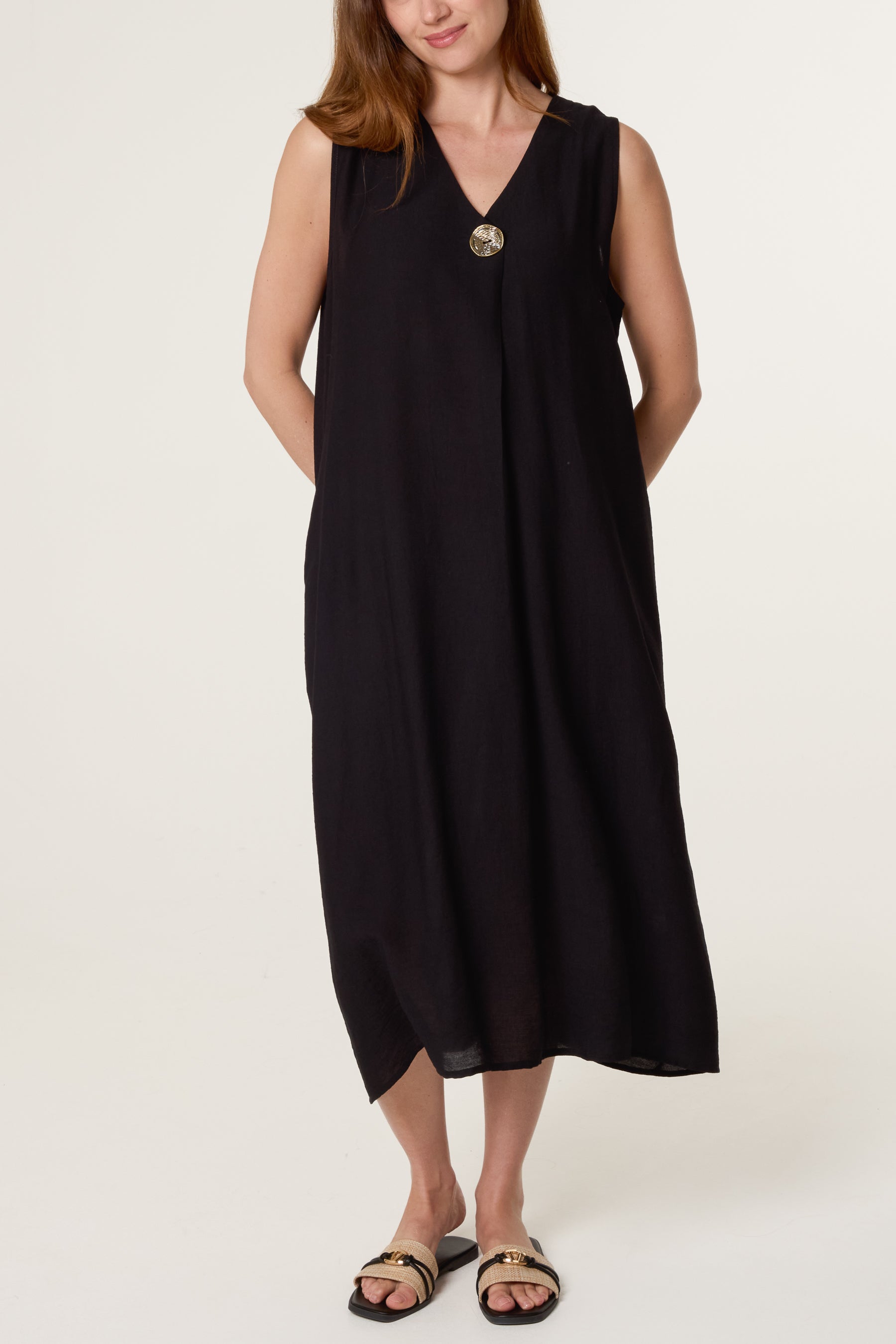 Gold Button V Tunic Dress