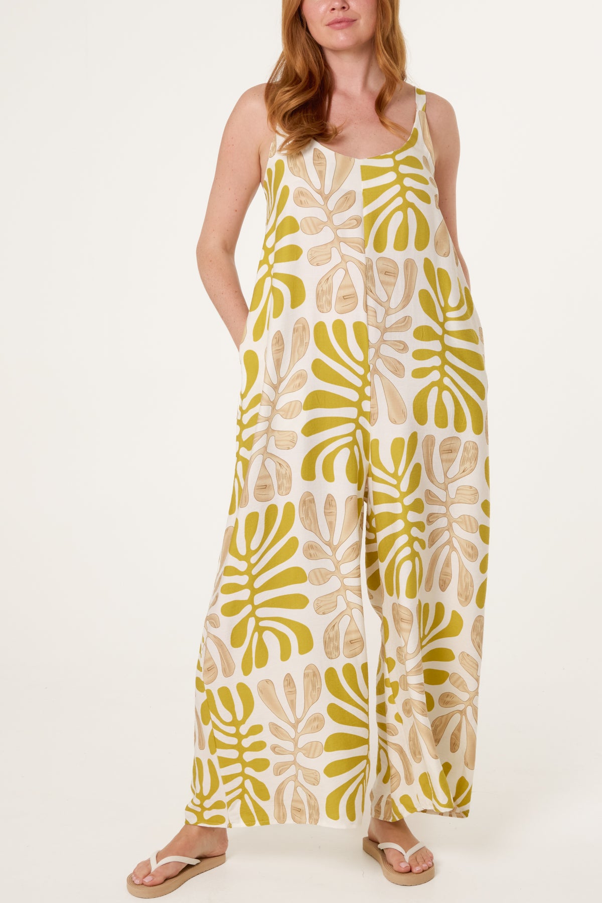 Abstract Leaf Printed Wide Jumpsuit