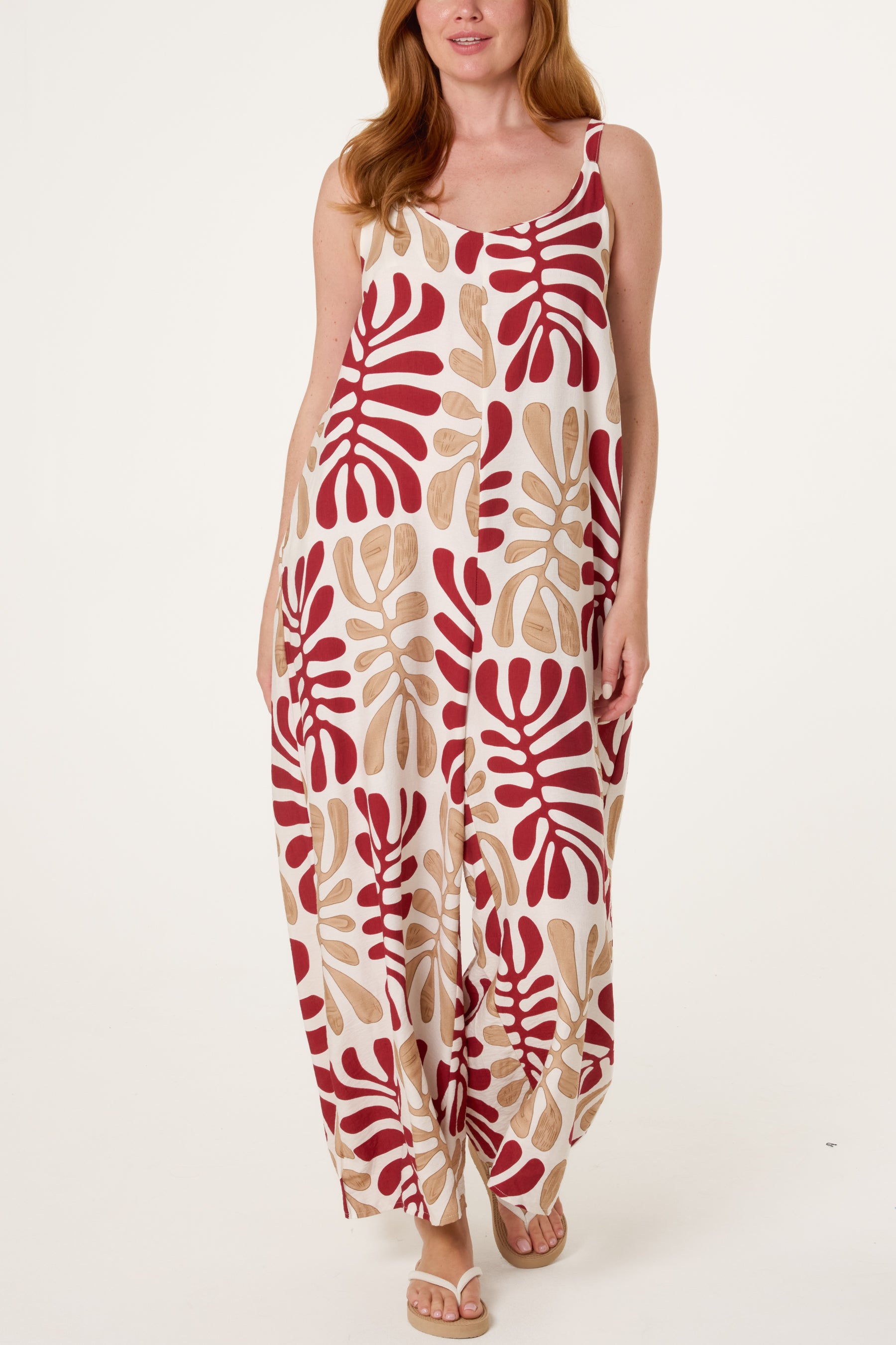 Abstract Leaf Printed Wide Jumpsuit