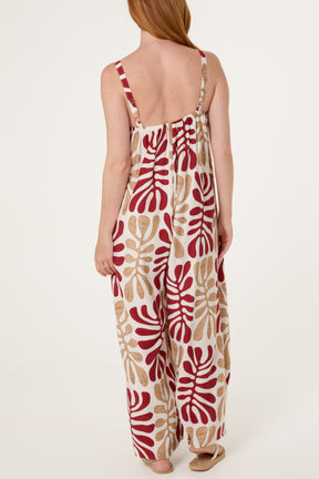 Abstract Leaf Printed Wide Jumpsuit