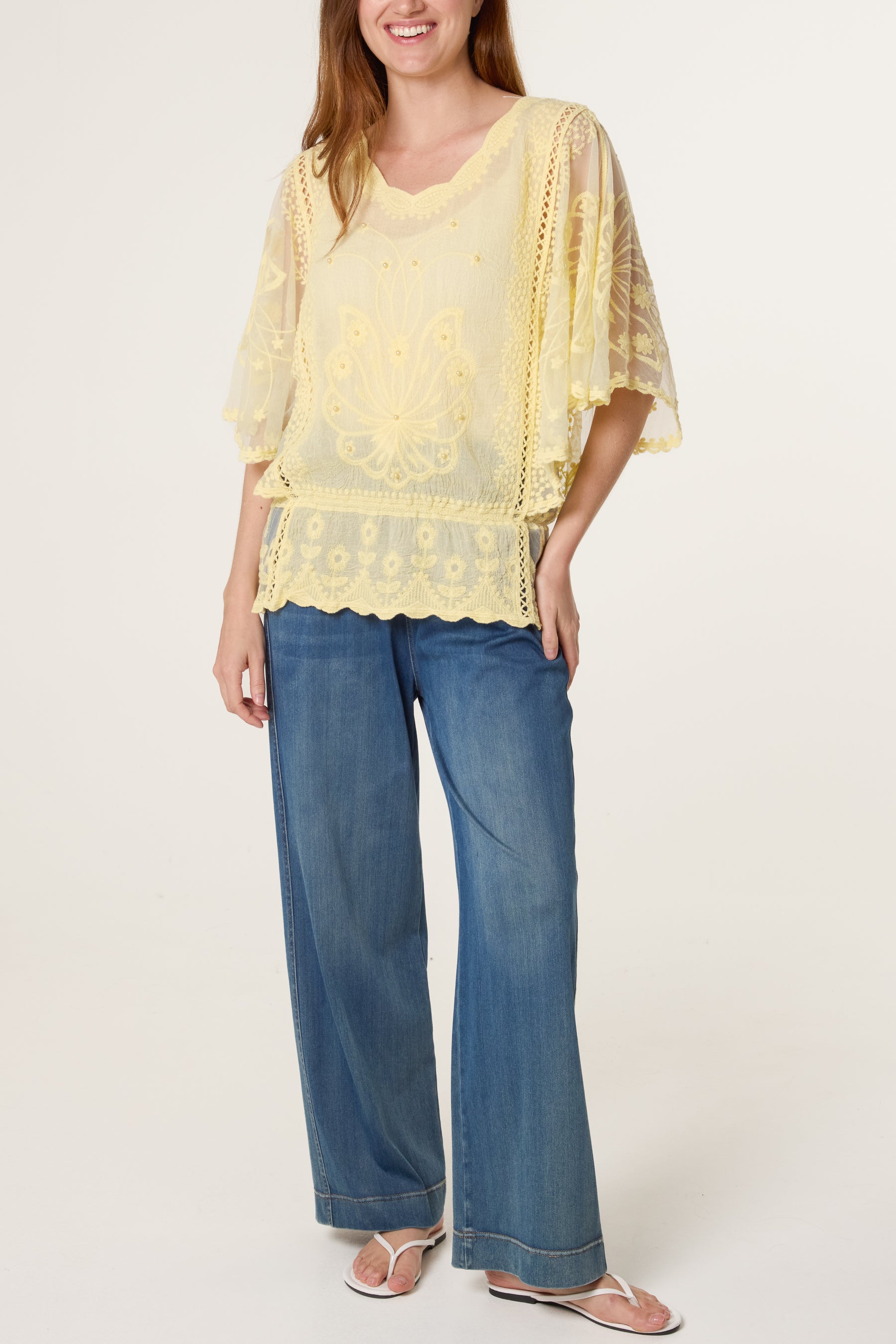 Lace Embroidered Pearls Butterfly Sleeve Blouse