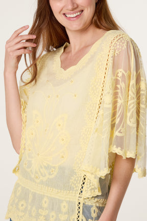 Lace Embroidered Pearls Butterfly Sleeve Blouse