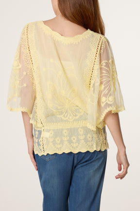 Lace Embroidered Pearls Butterfly Sleeve Blouse