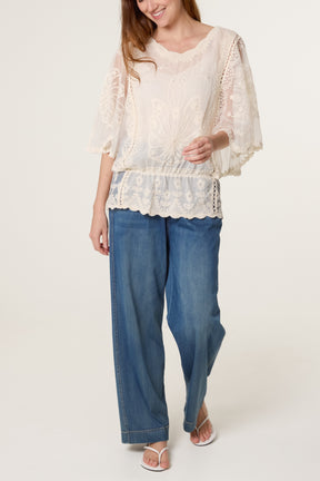 Lace Embroidered Pearls Butterfly Sleeve Blouse