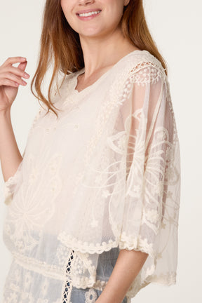 Lace Embroidered Pearls Butterfly Sleeve Blouse