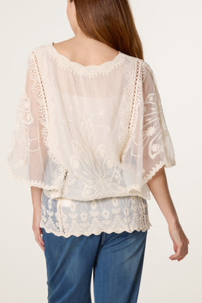 Lace Embroidered Pearls Butterfly Sleeve Blouse
