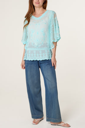 Lace Embroidered Pearls Butterfly Sleeve Blouse