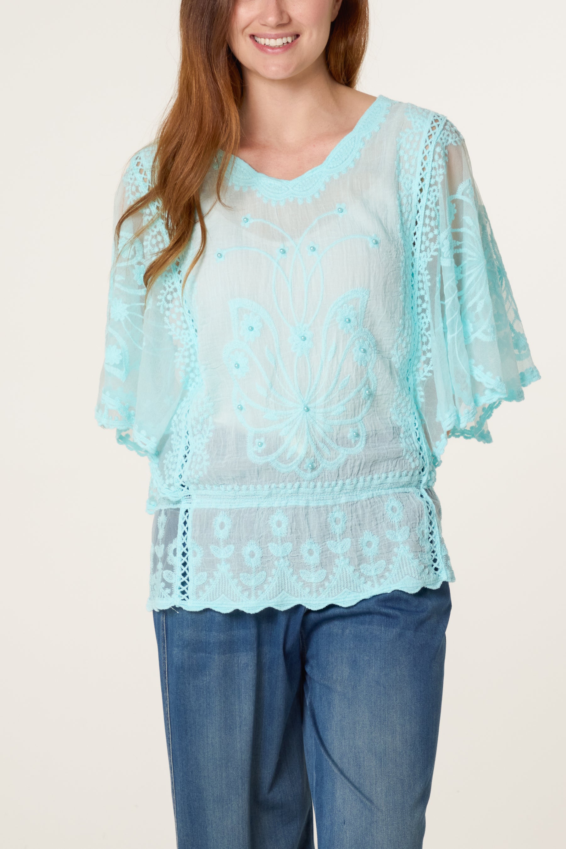 Lace Embroidered Pearls Butterfly Sleeve Blouse