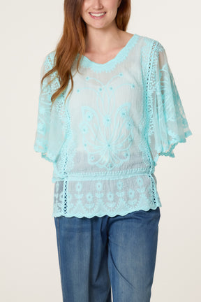 Lace Embroidered Pearls Butterfly Sleeve Blouse