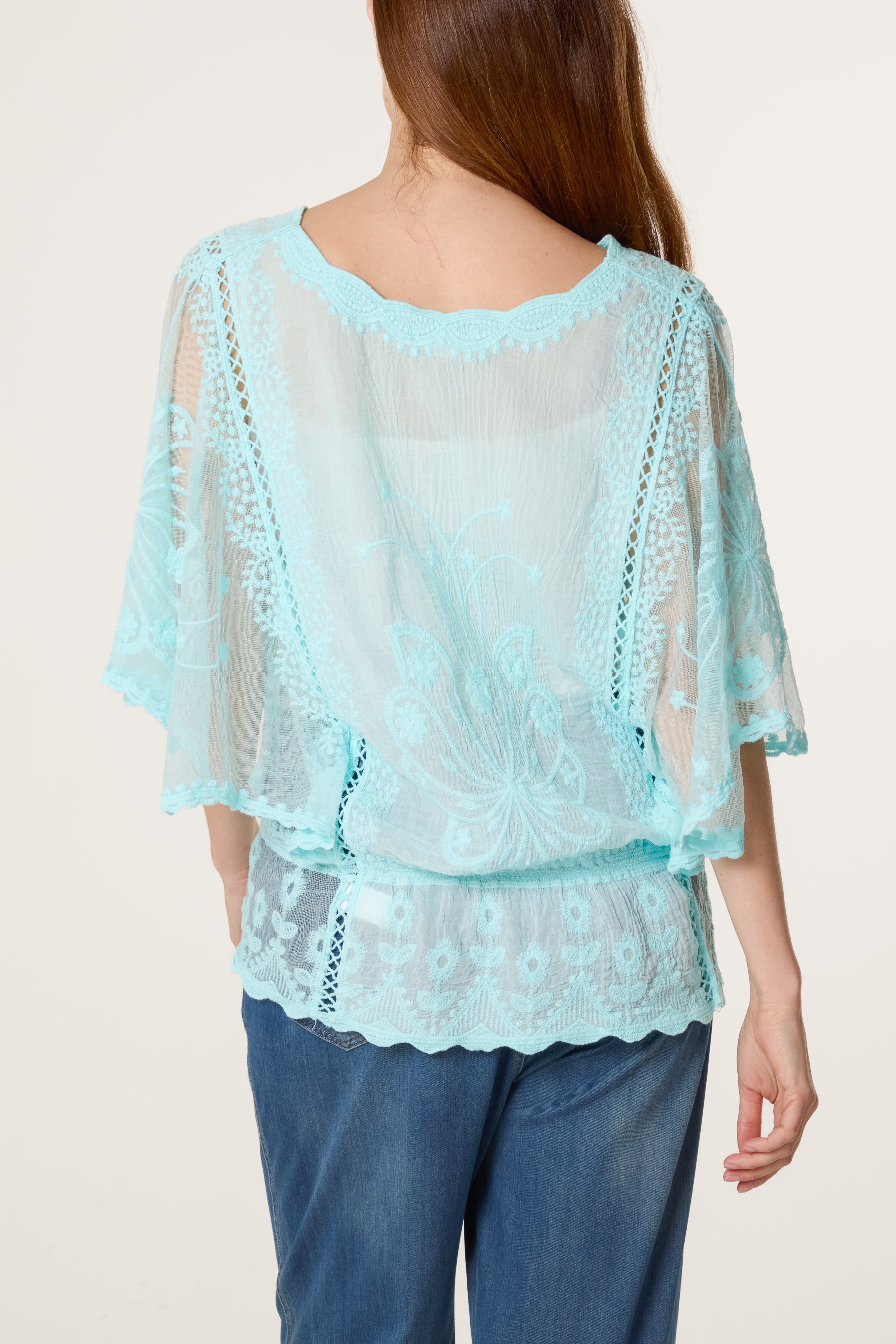 Lace Embroidered Pearls Butterfly Sleeve Blouse