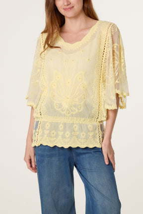 Lace Embroidered Pearls Butterfly Sleeve Blouse