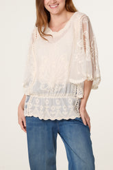 Lace Embroidered Pearls Butterfly Sleeve Blouse