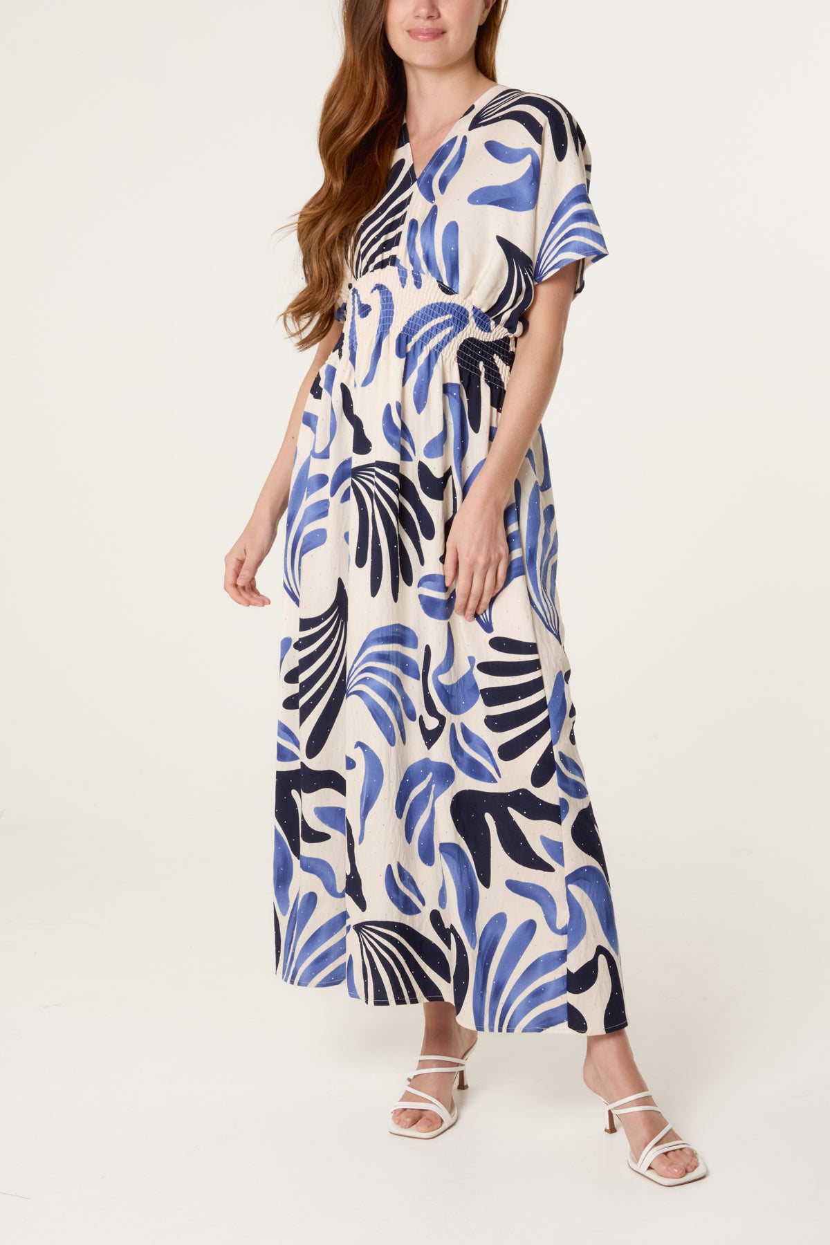 Abstract Leaf Print Embellished Dress