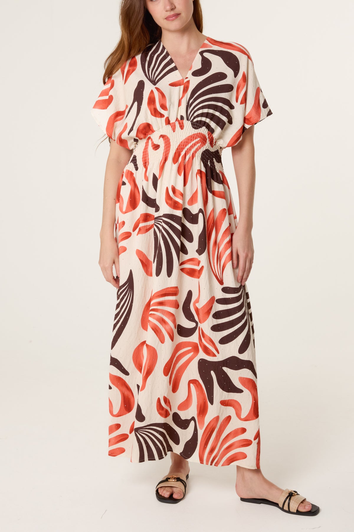 Abstract Leaf Print Embellished Dress
