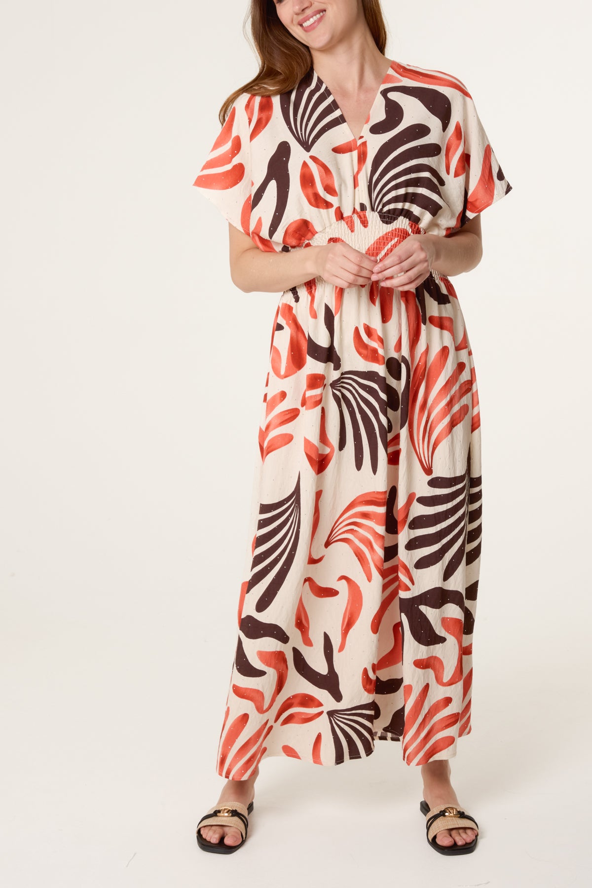 Abstract Leaf Print Embellished Dress