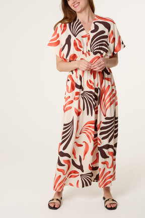 Abstract Leaf Print Embellished Dress